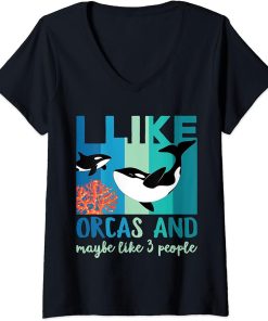 Womens Funny Retro I Like Orcas And Maybe Like 3 People Orca Lover V-Neck T-Shirt