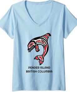 Womens Pender Island British Columbia Native Fisherman Orca Whale V-Neck T-Shirt