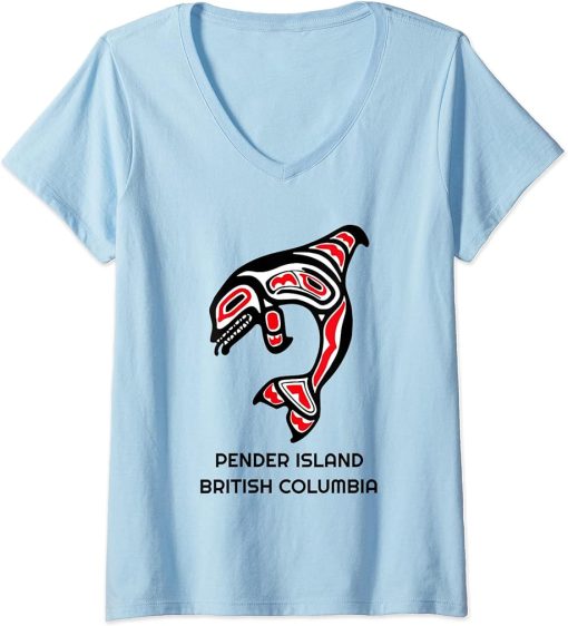 Womens Pender Island British Columbia Native Fisherman Orca Whale V-Neck T-Shirt